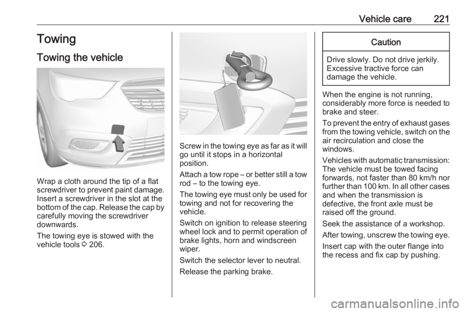 OPEL CROSSLAND X 2018.5  Owners Manual Vehicle care221Towing
Towing the vehicle
Wrap a cloth around the tip of a flat
screwdriver to prevent paint damage.
Insert a screwdriver in the slot at the
bottom of the cap. Release the cap by carefu