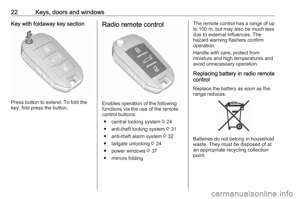 OPEL CROSSLAND X 2018.5 Owners Guide 22Keys, doors and windowsKey with foldaway key section
Press button to extend. To fold the
key, first press the button.
Radio remote control
Enables operation of the following
functions via the use of