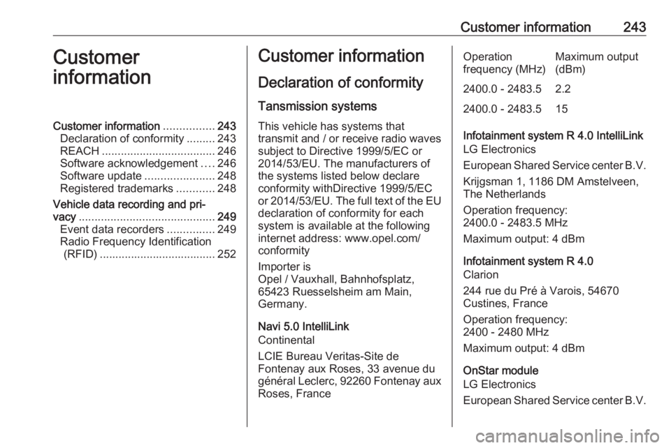 OPEL CROSSLAND X 2018.5  Manual user Customer information243Customer
informationCustomer information ................243
Declaration of conformity .........243
REACH .................................... 246
Software acknowledgement ....2