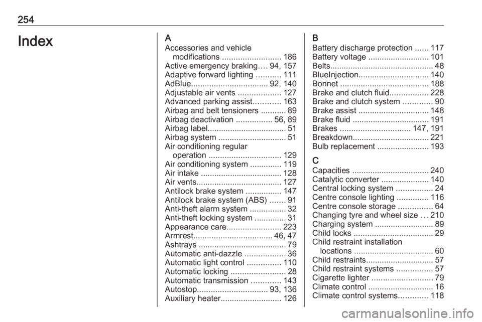 OPEL CROSSLAND X 2018.5 Manual user 254IndexAAccessories and vehicle modifications .......................... 186
Active emergency braking ....94, 157
Adaptive forward lighting ...........111
AdBlue .................................. OPEL CROSSLAND X 2018.5 Manual user 254IndexAAccessories and vehicle modifications .......................... 186
Active emergency braking ....94, 157
Adaptive forward lighting ...........111
AdBlue ..................................