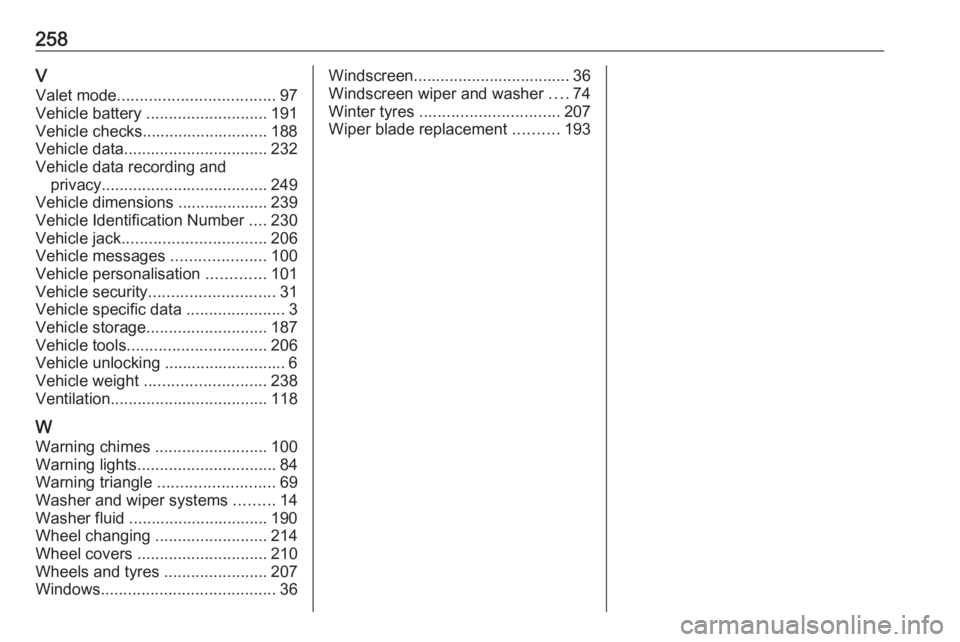 OPEL CROSSLAND X 2018.5  Owners Manual 258VValet mode ................................... 97
Vehicle battery  ........................... 191
Vehicle checks............................ 188
Vehicle data ................................ 232
