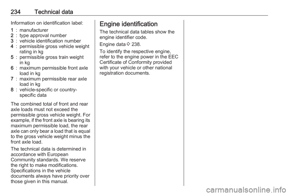 OPEL CROSSLAND X 2019 Manual user 234Technical dataInformation on identification label:1:manufacturer2:type approval number3:vehicle identification number4:permissible gross vehicle weight
rating in kg5:permissible gross train weight
OPEL CROSSLAND X 2019 Manual user 234Technical dataInformation on identification label:1:manufacturer2:type approval number3:vehicle identification number4:permissible gross vehicle weight
rating in kg5:permissible gross train weight