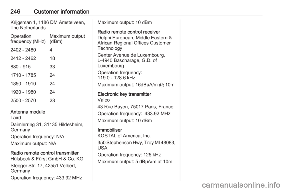 OPEL CROSSLAND X 2019  Owners Manual 246Customer informationKrijgsman 1, 1186 DM Amstelveen,
The NetherlandsOperation
frequency (MHz)Maximum output
(dBm)2402 - 248042412 - 246218880 - 915331710 - 1785241850 - 1910241920 - 1980242500 - 25