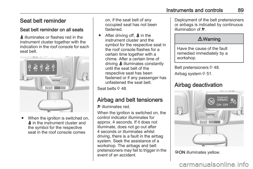 OPEL CROSSLAND X 2019  Manual user Instruments and controls89Seat belt reminder
Seat belt reminder on all seats
X  illuminates or flashes red in the
instrument cluster together with the
indication in the roof console for each
seat belt