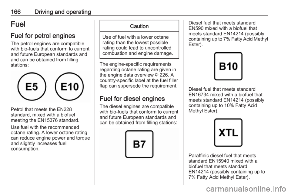 OPEL CROSSLAND X 2019.75  Manual user 166Driving and operatingFuel
Fuel for petrol engines The petrol engines are compatible
with bio-fuels that conform to current
and future European standards and
and can be obtained from filling
station