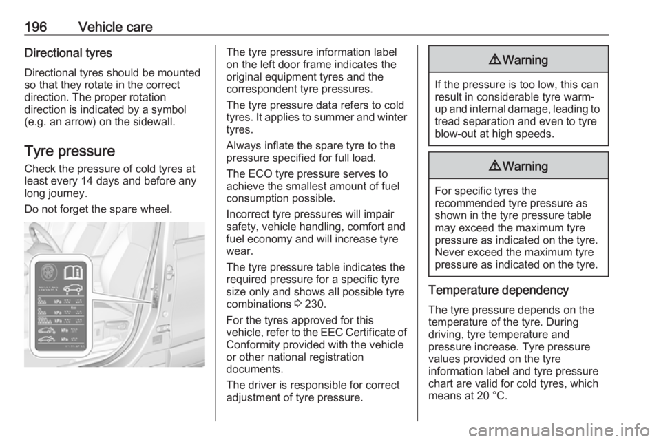 OPEL CROSSLAND X 2019.75  Owners Manual 196Vehicle careDirectional tyres
Directional tyres should be mounted so that they rotate in the correct
direction. The proper rotation
direction is indicated by a symbol
(e.g. an arrow) on the sidewal