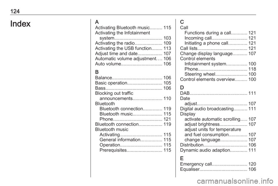 OPEL GRANDLAND X 2018  Infotainment system 124IndexAActivating Bluetooth music .........115
Activating the Infotainment system ..................................... 103
Activating the radio .....................109
Activating the USB function 