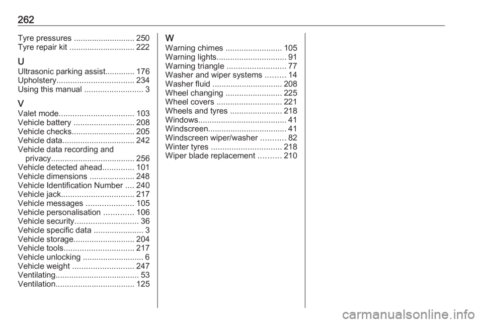 OPEL GRANDLAND X 2018  Infotainment system 262Tyre pressures ........................... 250
Tyre repair kit ............................. 222
U Ultrasonic parking assist............. 176
Upholstery .................................. 234
Using