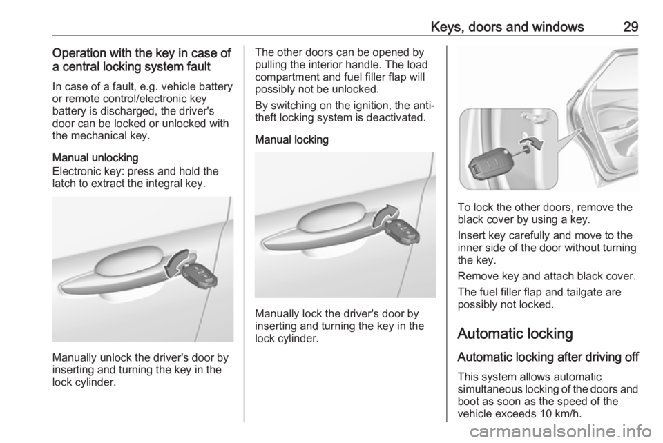 OPEL GRANDLAND X 2018  Infotainment system Keys, doors and windows29Operation with the key in case of
a central locking system fault
In case of a fault, e.g. vehicle battery
or remote control/electronic key
battery is discharged, the driver