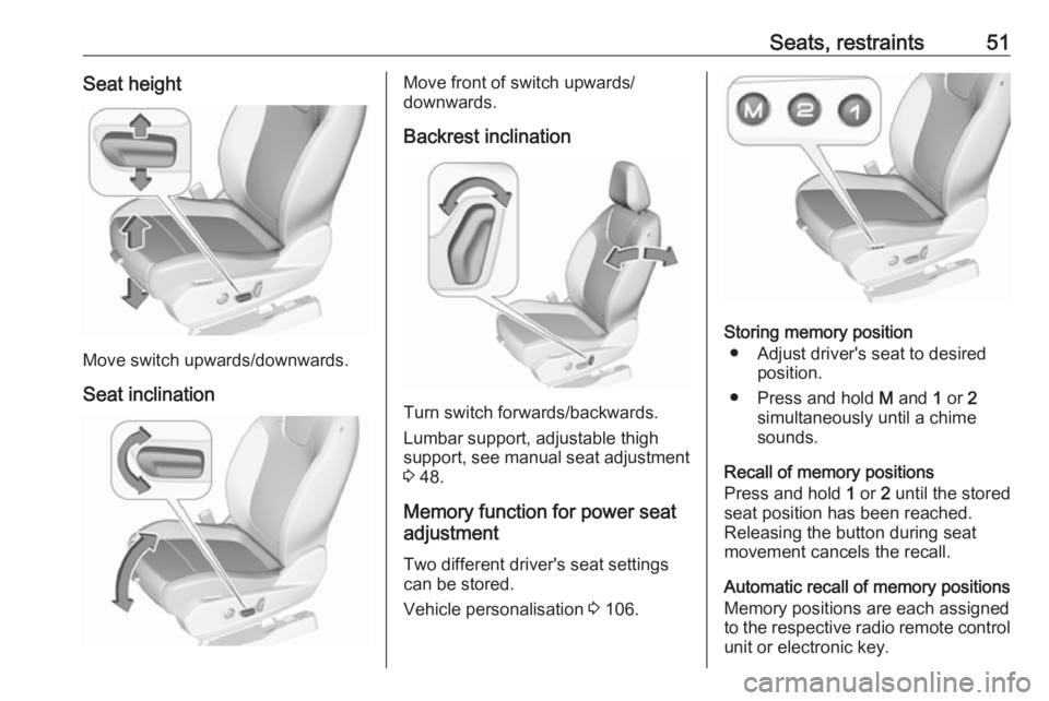 OPEL GRANDLAND X 2018 Infotainment system Seats, restraints51Seat height
Move switch upwards/downwards.
Seat inclination
Move front of switch upwards/
downwards.
Backrest inclination
Turn switch forwards/backwards.
Lumbar support, adjustable OPEL GRANDLAND X 2018 Infotainment system Seats, restraints51Seat height
Move switch upwards/downwards.
Seat inclination
Move front of switch upwards/
downwards.
Backrest inclination
Turn switch forwards/backwards.
Lumbar support, adjustable