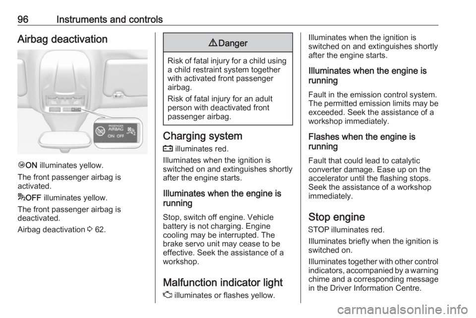 OPEL GRANDLAND X 2018  Infotainment system 96Instruments and controlsAirbag deactivation
ÓON  illuminates yellow.
The front passenger airbag is
activated.
* OFF  illuminates yellow.
The front passenger airbag is
deactivated.
Airbag deactivati
