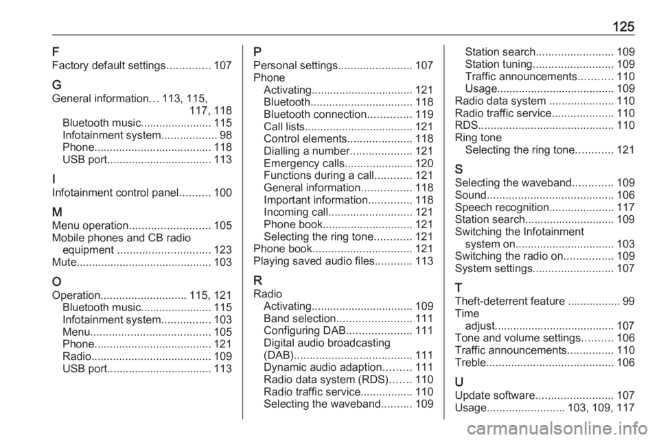 OPEL GRANDLAND X 2018.5  Infotainment system 125F
Factory default settings ..............107
G General information ...113, 115,
117, 118
Bluetooth music....................... 115
Infotainment system ..................98
Phone ..................