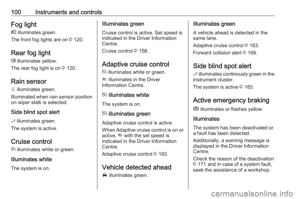 OPEL GRANDLAND X 2018.5  Manual user 100Instruments and controlsFog light>  illuminates green.
The front fog lights are on  3 120.
Rear fog light r  illuminates yellow.
The rear fog light is on  3 120.
Rain sensor
<  illuminates green.
I