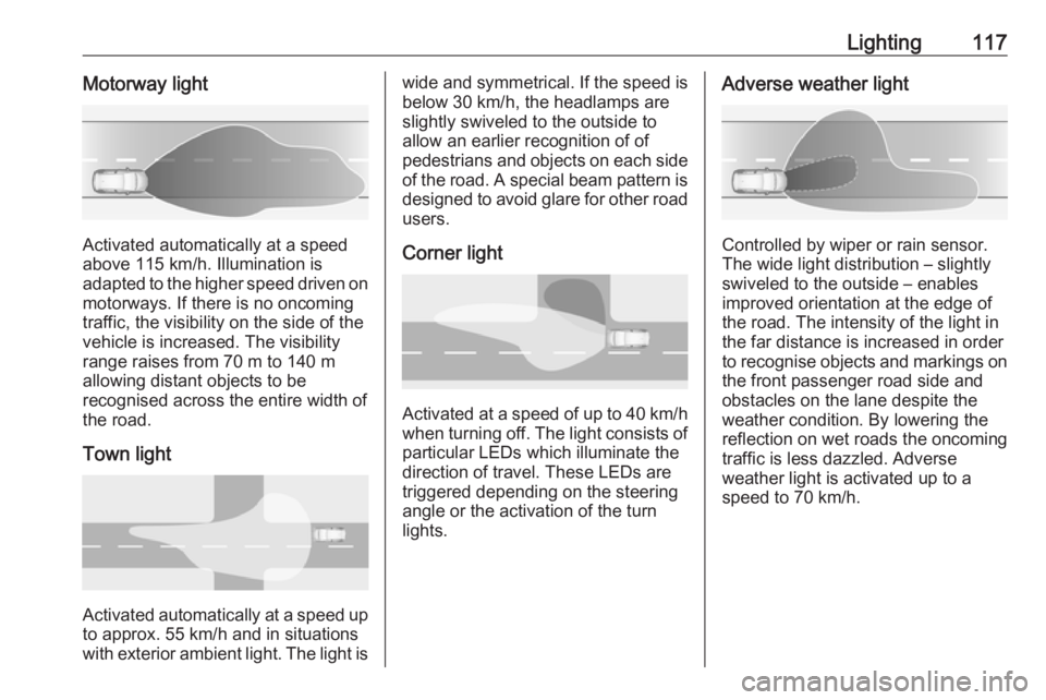 OPEL GRANDLAND X 2018.5  Owners Manual Lighting117Motorway light
Activated automatically at a speed
above 115 km/h. Illumination is
adapted to the higher speed driven on
motorways. If there is no oncoming
traffic, the visibility on the sid