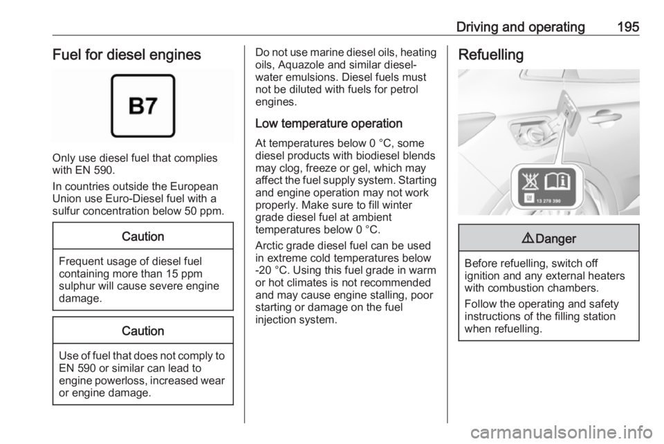 OPEL GRANDLAND X 2018.5  Manual user Driving and operating195Fuel for diesel engines
Only use diesel fuel that complies
with EN 590.
In countries outside the European
Union use Euro-Diesel fuel with a
sulfur concentration below 50 ppm.
C