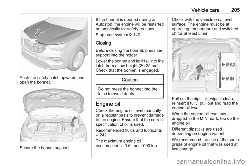 OPEL GRANDLAND X 2018.5  Manual user Vehicle care205
Push the safety catch upwards and
open the bonnet.
Secure the bonnet support.
If the bonnet is opened during an
Autostop, the engine will be restarted automatically for safety reasons.