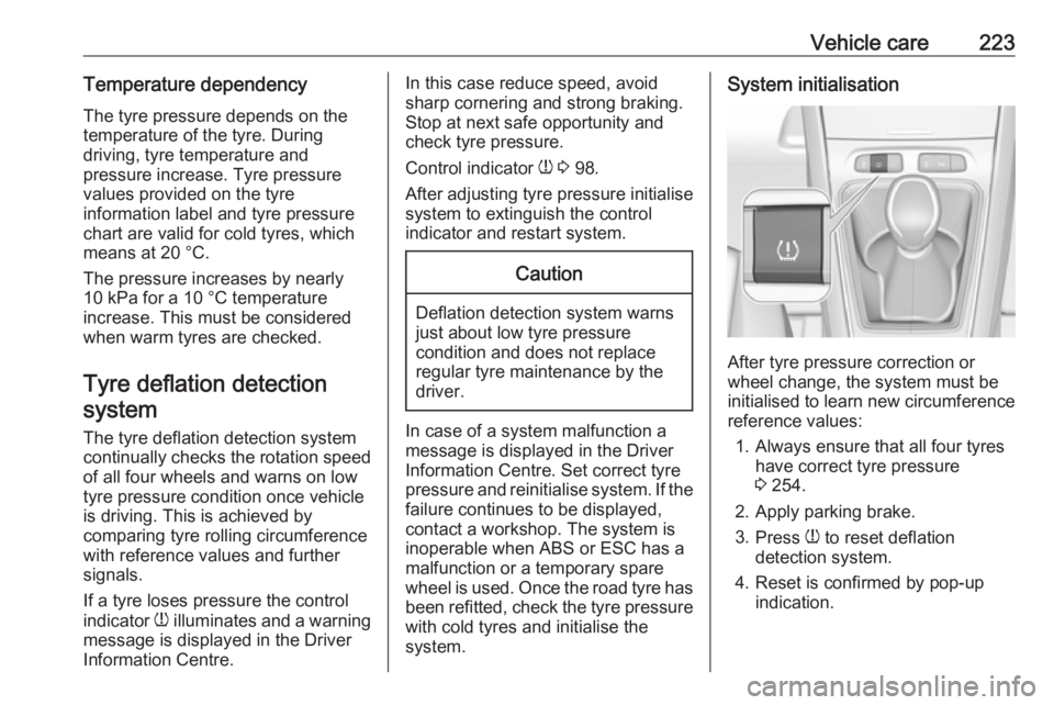 OPEL GRANDLAND X 2018.5  Owners Manual Vehicle care223Temperature dependencyThe tyre pressure depends on the
temperature of the tyre. During
driving, tyre temperature and
pressure increase. Tyre pressure
values provided on the tyre
informa
