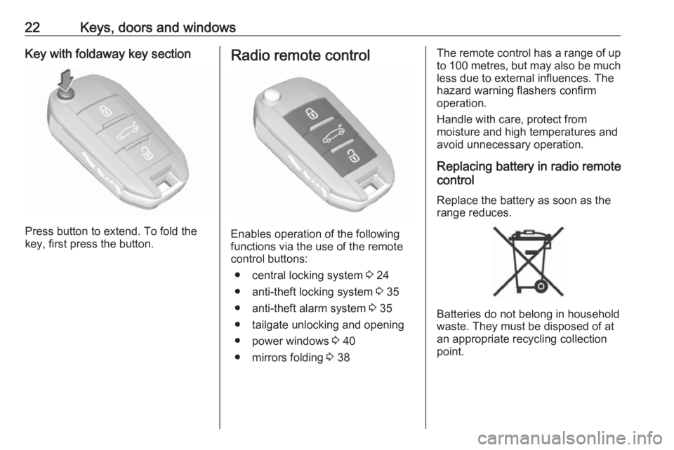 OPEL GRANDLAND X 2018.5 Owners Guide 22Keys, doors and windowsKey with foldaway key section
Press button to extend. To fold the
key, first press the button.
Radio remote control
Enables operation of the following
functions via the use of