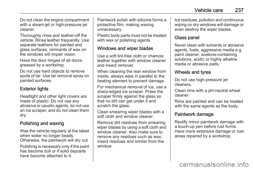 OPEL GRANDLAND X 2018.5  Owners Manual Vehicle care237Do not clean the engine compartment
with a steam-jet or high-pressure jet
cleaner.
Thoroughly rinse and leather-off the
vehicle. Rinse leather frequently. Use
separate leathers for pain