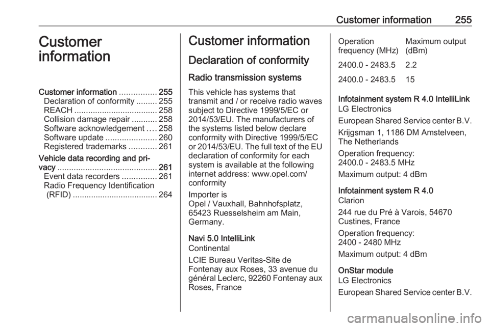 OPEL GRANDLAND X 2018.5  Owners Manual Customer information255Customer
informationCustomer information ................255
Declaration of conformity .........255
REACH .................................... 258
Collision damage repair ......