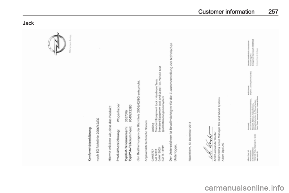 OPEL GRANDLAND X 2018.5  Owners Manual Customer information257Jack 