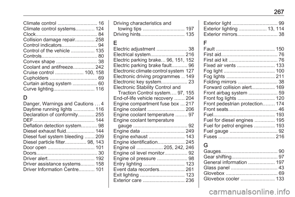 OPEL GRANDLAND X 2018.5  Owners Manual 267Climate control ............................. 16
Climate control systems .............124
Clock............................................. 84
Collision damage repair ..............258
Control ind