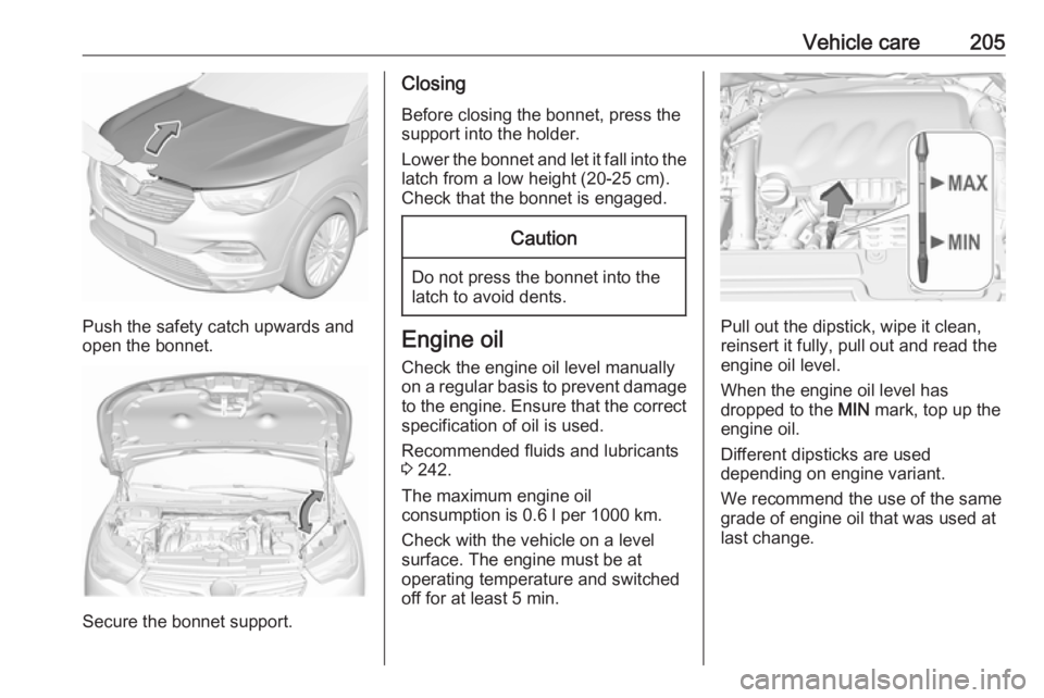 OPEL GRANDLAND X 2018.75  Manual user Vehicle care205
Push the safety catch upwards and
open the bonnet.
Secure the bonnet support.
Closing
Before closing the bonnet, press the
support into the holder.
Lower the bonnet and let it fall int