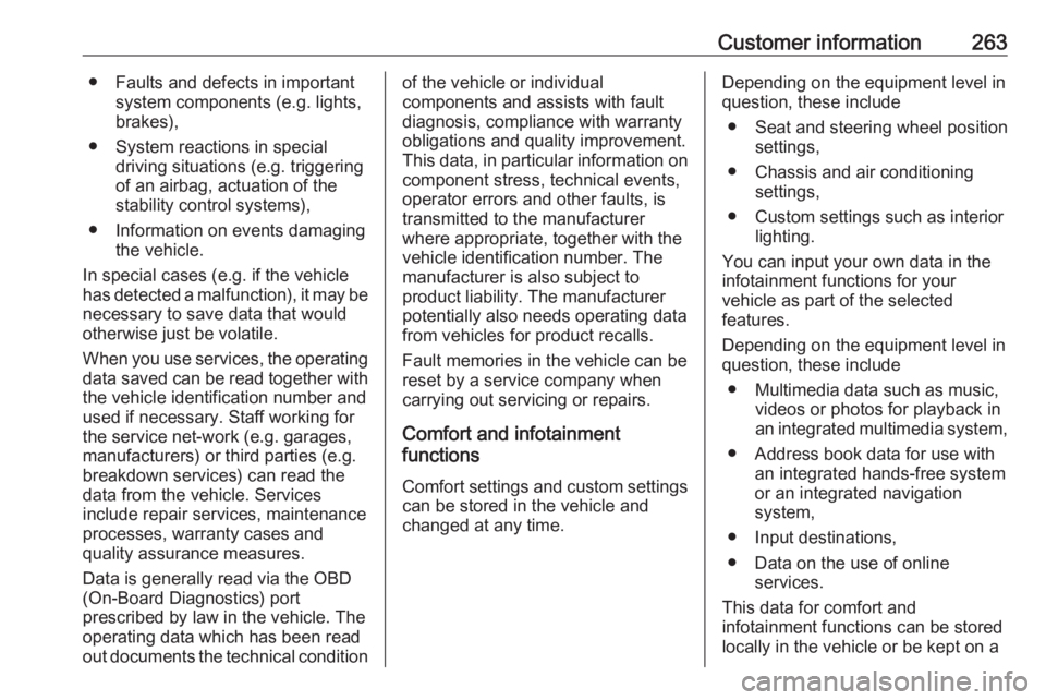 OPEL GRANDLAND X 2018.75  Manual user Customer information263● Faults and defects in importantsystem components (e.g. lights,
brakes),
● System reactions in special driving situations (e.g. triggeringof an airbag, actuation of the
sta
