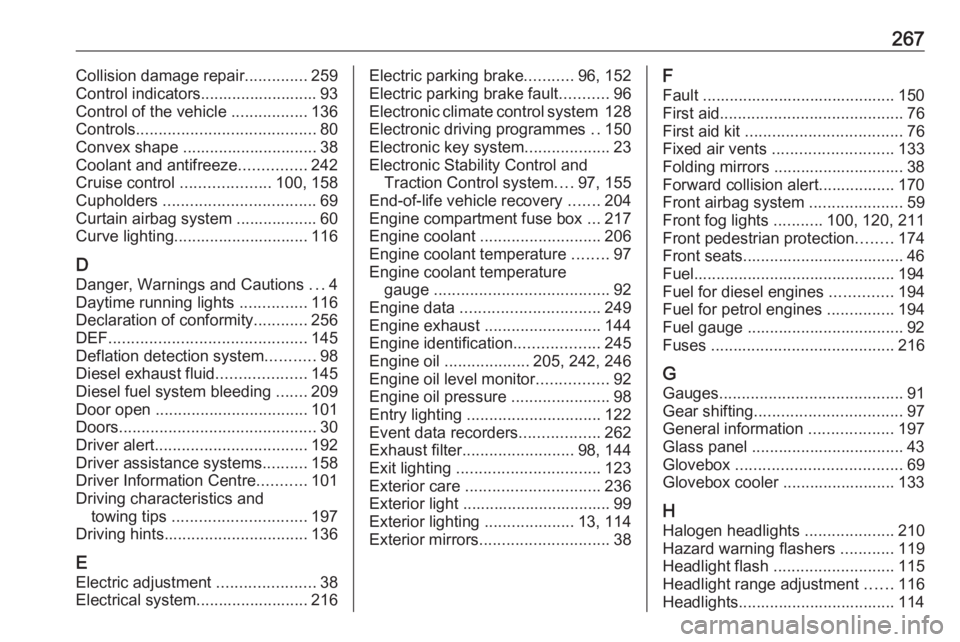 OPEL GRANDLAND X 2018.75  Owners Manual 267Collision damage repair..............259
Control indicators.......................... 93
Control of the vehicle  .................136
Controls ........................................ 80
Convex sha