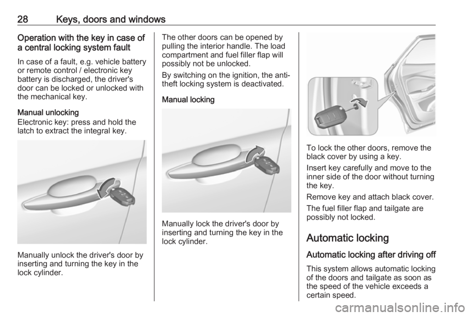 OPEL GRANDLAND X 2018.75 Owners Guide 28Keys, doors and windowsOperation with the key in case of
a central locking system fault
In case of a fault, e.g. vehicle battery
or remote control / electronic key
battery is discharged, the driver&