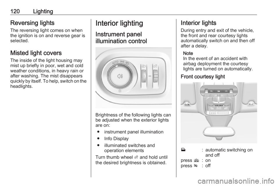 OPEL GRANDLAND X 2019  Manual user 120LightingReversing lights
The reversing light comes on when
the ignition is on and reverse gear is
selected.
Misted light covers
The inside of the light housing may
mist up briefly in poor, wet and 