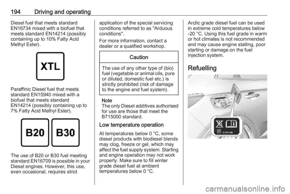 OPEL GRANDLAND X 2019  Owners Manual 194Driving and operatingDiesel fuel that meets standard
EN16734 mixed with a biofuel that
meets standard EN14214 (possibly
containing up to 10% Fatty Acid
Methyl Ester).
Paraffinic Diesel fuel that me