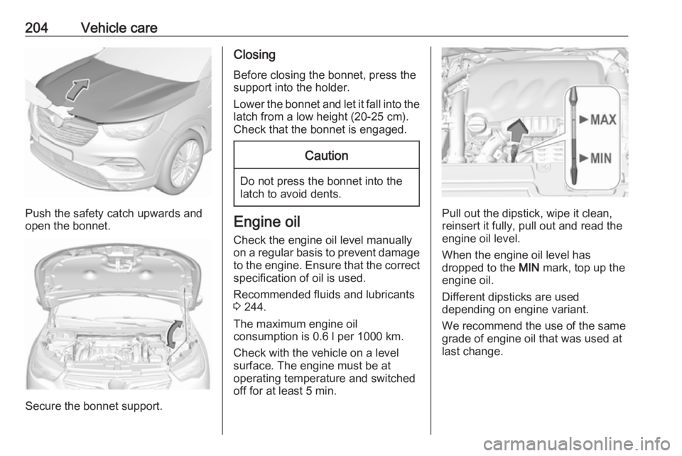 OPEL GRANDLAND X 2019 Manual user 204Vehicle care
Push the safety catch upwards and
open the bonnet.
Secure the bonnet support.
Closing
Before closing the bonnet, press the
support into the holder.
Lower the bonnet and let it fall int OPEL GRANDLAND X 2019 Manual user 204Vehicle care
Push the safety catch upwards and
open the bonnet.
Secure the bonnet support.
Closing
Before closing the bonnet, press the
support into the holder.
Lower the bonnet and let it fall int