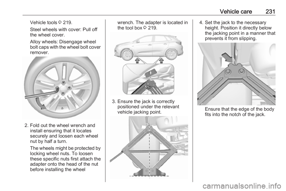 OPEL GRANDLAND X 2019  Manual user Vehicle care231Vehicle tools 3 219.
Steel wheels with cover: Pull off
the wheel cover.
Alloy wheels: Disengage wheel
bolt caps with the wheel bolt cover remover.
2. Fold out the wheel wrench and insta
