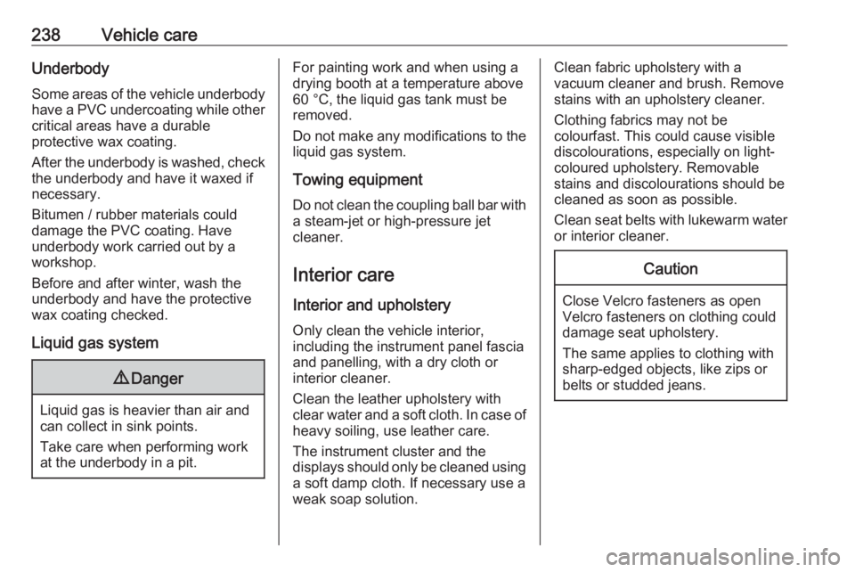 OPEL GRANDLAND X 2019  Manual user 238Vehicle careUnderbody
Some areas of the vehicle underbody
have a PVC undercoating while other critical areas have a durable
protective wax coating.
After the underbody is washed, check
the underbod