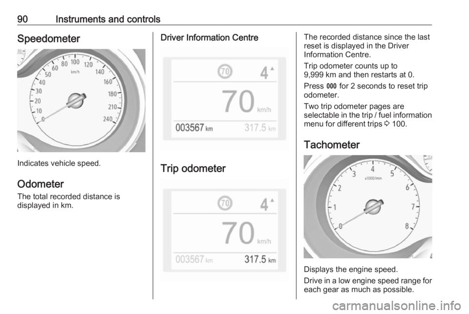 OPEL GRANDLAND X 2019 Owners Manual 90Instruments and controlsSpeedometer
Indicates vehicle speed.
Odometer
The total recorded distance is
displayed in km.
Driver Information Centre
Trip odometer
The recorded distance since the last
res
