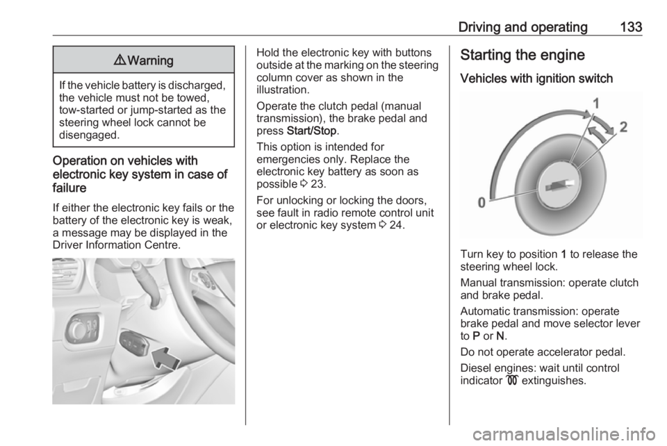 OPEL GRANDLAND X 2019.75 Manual user Driving and operating1339Warning
If the vehicle battery is discharged,
the vehicle must not be towed,
tow-started or jump-started as the
steering wheel lock cannot be
disengaged.
Operation on vehicles OPEL GRANDLAND X 2019.75 Manual user Driving and operating1339Warning
If the vehicle battery is discharged,
the vehicle must not be towed,
tow-started or jump-started as the
steering wheel lock cannot be
disengaged.
Operation on vehicles
