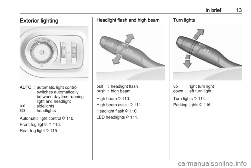 OPEL GRANDLAND X 2019.75 User Guide In brief13Exterior lightingAUTO:automatic light control
switches automatically
between daytime running
light and headlight8:sidelights9:headlights
Automatic light control  3 110.
Front fog lights  3 1