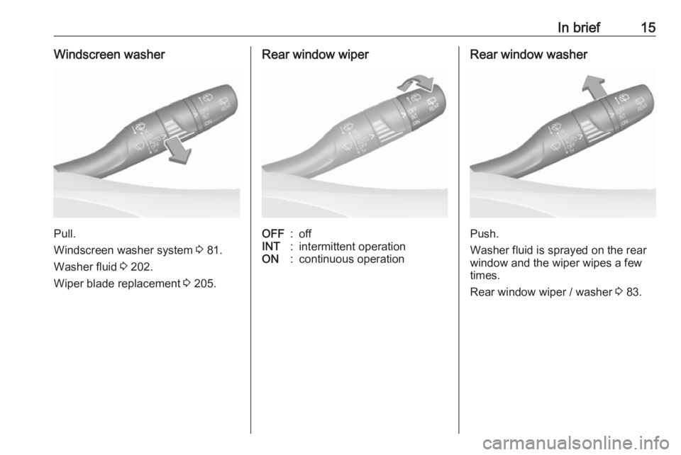 OPEL GRANDLAND X 2019.75  Owners Manual In brief15Windscreen washer
Pull.
Windscreen washer system  3 81.
Washer fluid  3 202.
Wiper blade replacement  3 205.
Rear window wiperOFF:offINT:intermittent operationON:continuous operationRear win