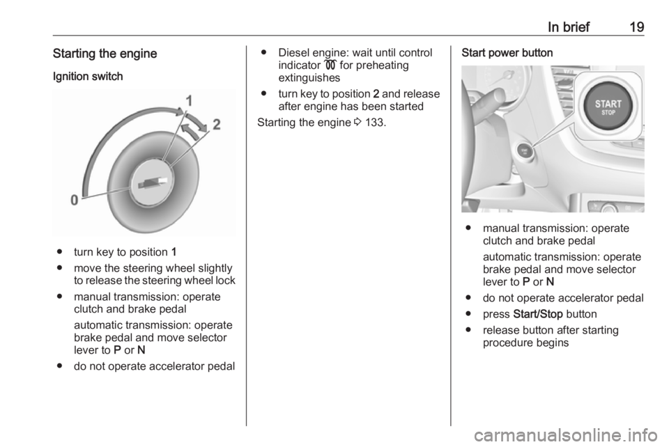 OPEL GRANDLAND X 2019.75 Owners Guide In brief19Starting the engineIgnition switch
● turn key to position  1
● move the steering wheel slightly to release the steering wheel lock
● manual transmission: operate clutch and brake pedal