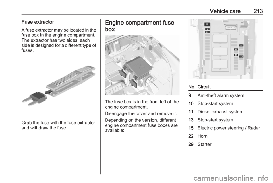 OPEL GRANDLAND X 2019.75  Owners Manual Vehicle care213Fuse extractorA fuse extractor may be located in the fuse box in the engine compartment.
The extractor has two sides, each
side is designed for a different type of
fuses.
Grab the fuse 