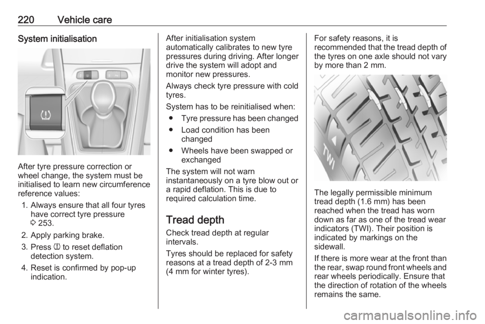 OPEL GRANDLAND X 2019.75  Owners Manual 220Vehicle careSystem initialisation
After tyre pressure correction or
wheel change, the system must be
initialised to learn new circumference reference values:
1. Always ensure that all four tyres ha