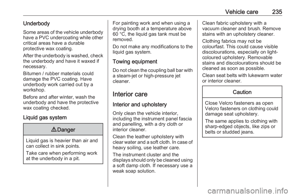 OPEL GRANDLAND X 2019.75  Owners Manual Vehicle care235UnderbodySome areas of the vehicle underbody
have a PVC undercoating while other
critical areas have a durable
protective wax coating.
After the underbody is washed, check the underbody