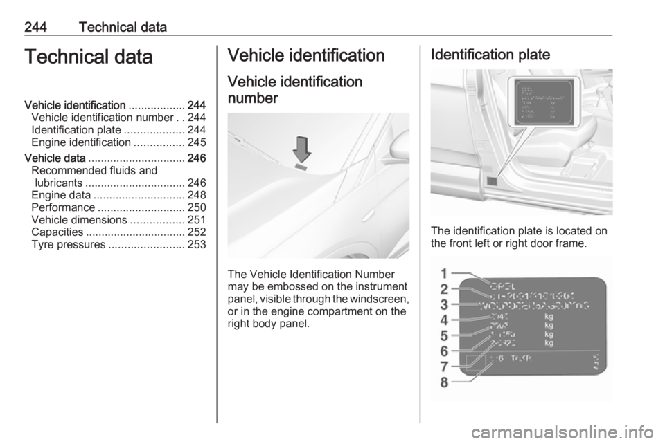 OPEL GRANDLAND X 2019.75  Owners Manual 244Technical dataTechnical dataVehicle identification..................244
Vehicle identification number ..244
Identification plate ...................244
Engine identification ................245
Veh