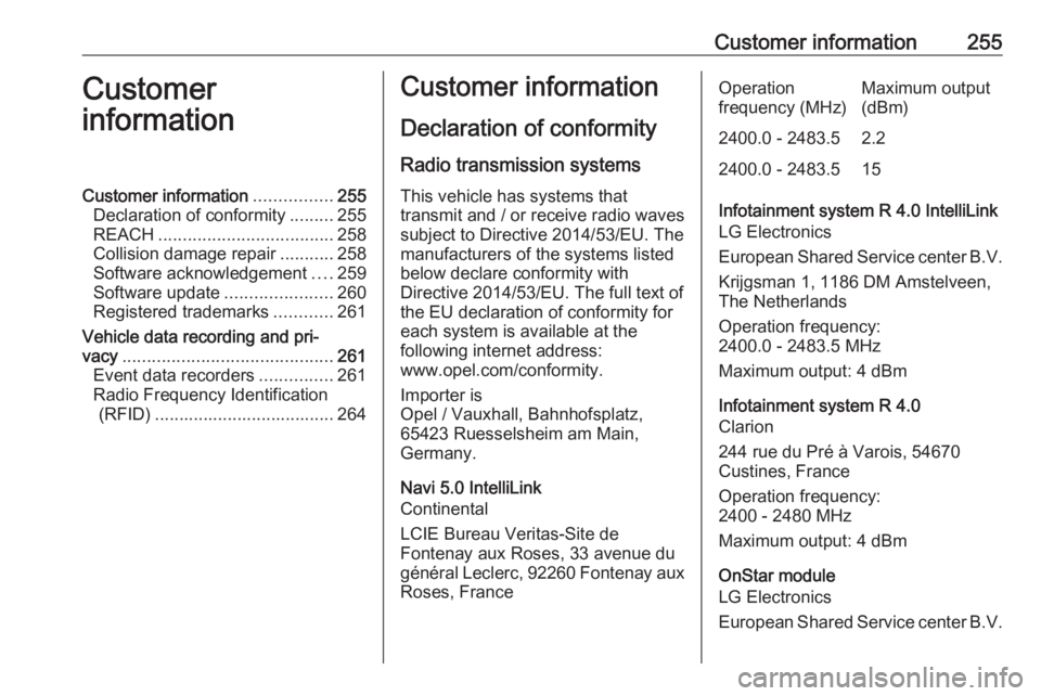OPEL GRANDLAND X 2019.75 Manual user Customer information255Customer
informationCustomer information ................255
Declaration of conformity .........255
REACH .................................... 258
Collision damage repair ...... OPEL GRANDLAND X 2019.75 Manual user Customer information255Customer
informationCustomer information ................255
Declaration of conformity .........255
REACH .................................... 258
Collision damage repair ......