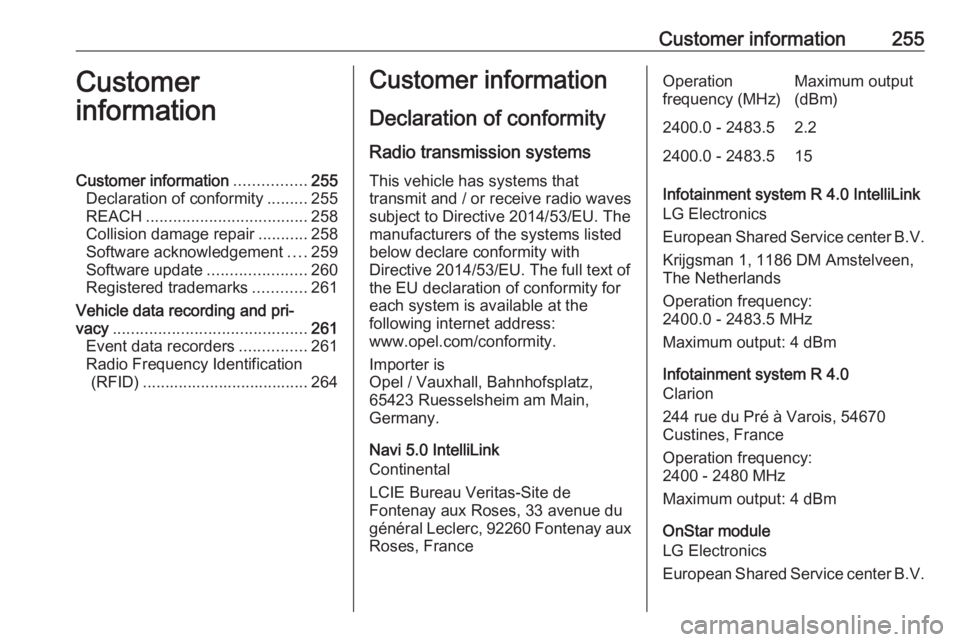 OPEL GRANDLAND X 2019.75  Owners Manual Customer information255Customer
informationCustomer information ................255
Declaration of conformity .........255
REACH .................................... 258
Collision damage repair ......