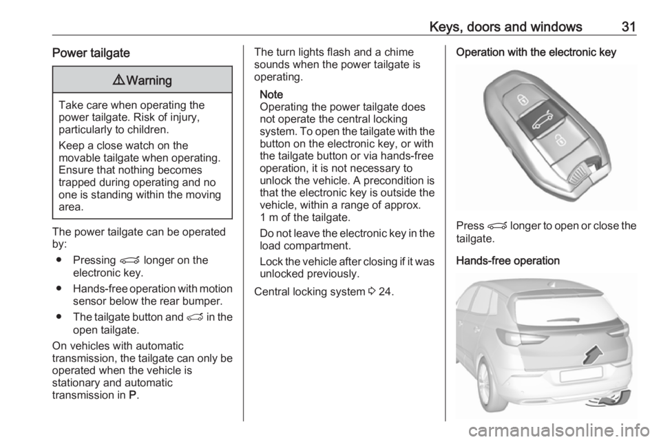 OPEL GRANDLAND X 2019.75  Owners Manual Keys, doors and windows31Power tailgate9Warning
Take care when operating the
power tailgate. Risk of injury,
particularly to children.
Keep a close watch on the
movable tailgate when operating.
Ensure
