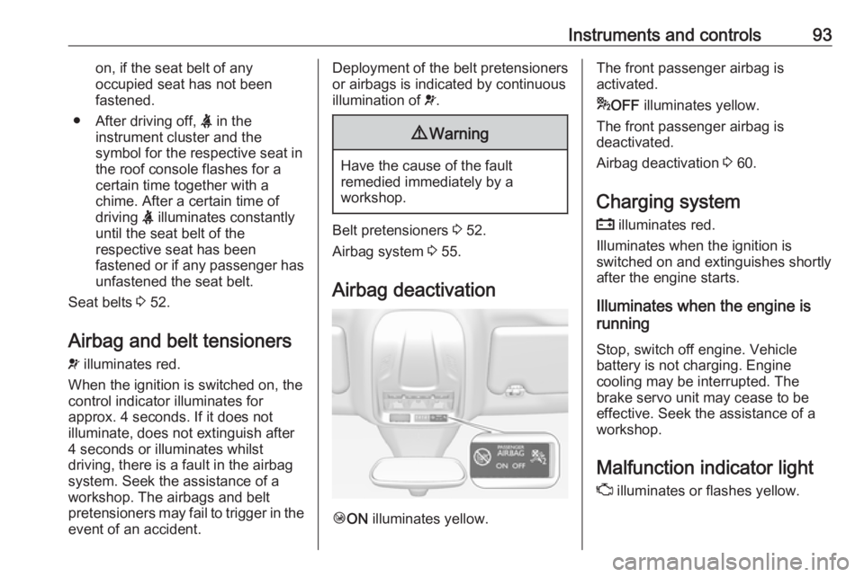 OPEL GRANDLAND X 2019.75  Manual user Instruments and controls93on, if the seat belt of any
occupied seat has not been
fastened.
● After driving off,  X in the
instrument cluster and the
symbol for the respective seat in
the roof consol