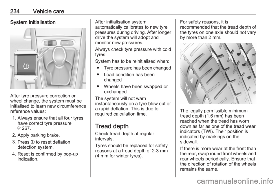 OPEL GRANDLAND X 2020  Manual user 234Vehicle careSystem initialisation
After tyre pressure correction or
wheel change, the system must be
initialised to learn new circumference reference values:
1. Always ensure that all four tyres ha