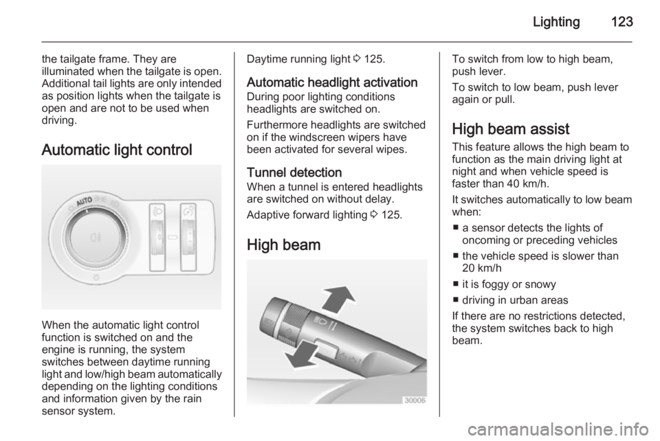OPEL INSIGNIA 2014  Owners Manual Lighting123
the tailgate frame. They are
illuminated when the tailgate is open.
Additional tail lights are only intended as position lights when the tailgate isopen and are not to be used when
driving